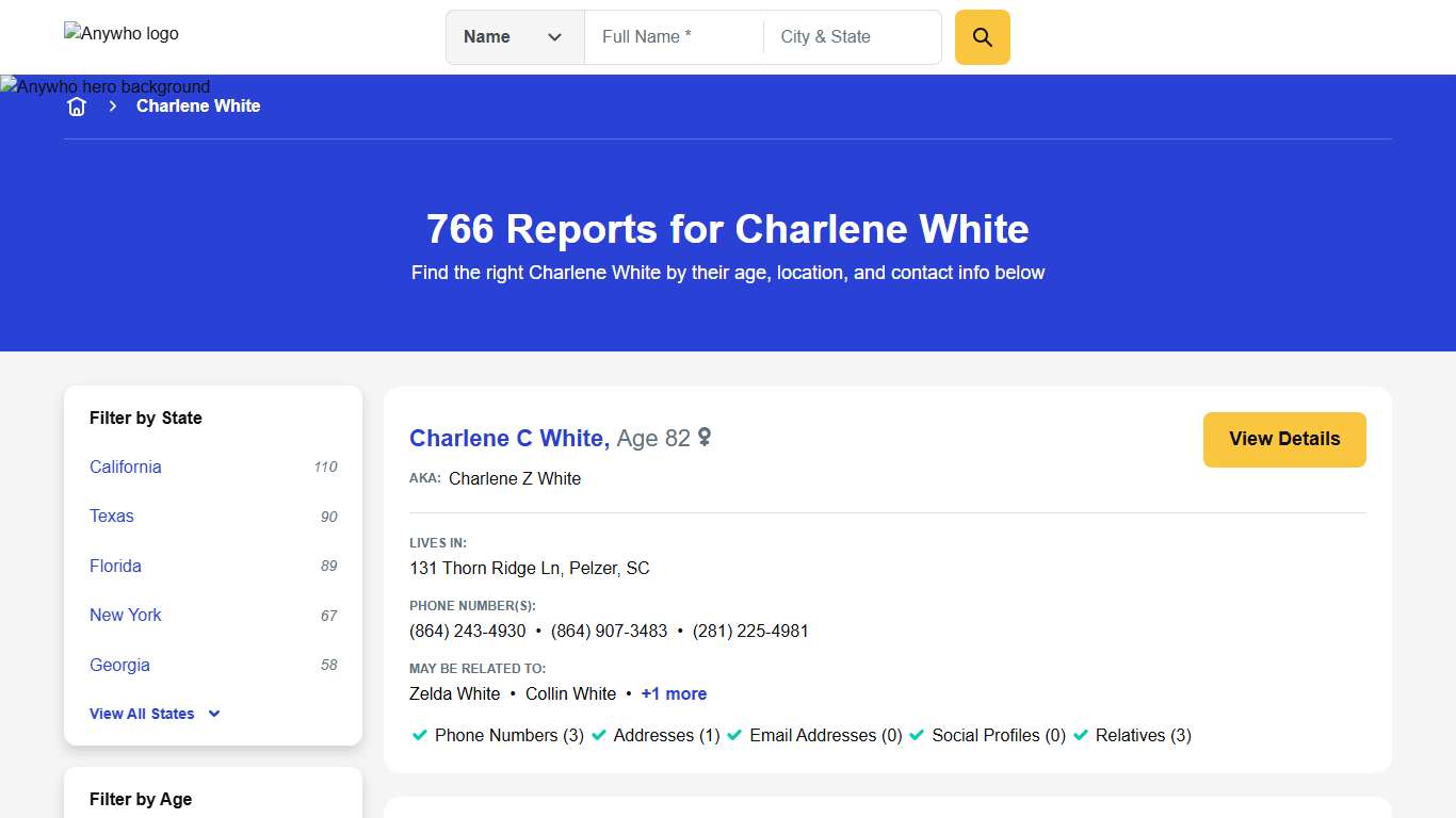 766 Reports for Charlene White Anywho